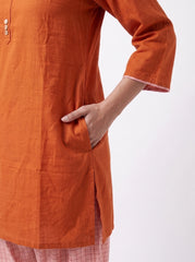 Aira Burnt Orange Cotton Slub Co-ord Set with Blush Check Trousers