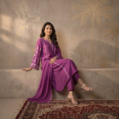 Jashn Premium Muslin Chikankari Purple A Line 3PC Kurta Set with Dupatta