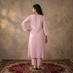 Jashn Premium Muslin Chikankari Light Pink A Line 3PC Kurta Set with Dupatta