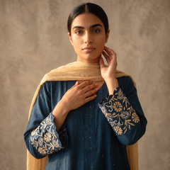 Jashn Cobalt Blue Chanderi Chikankari A-Line Kurta Set with Dupatta