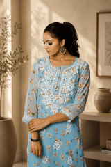 Aadya Chikankari Georgette Floral Printed Kurta – Light Blue