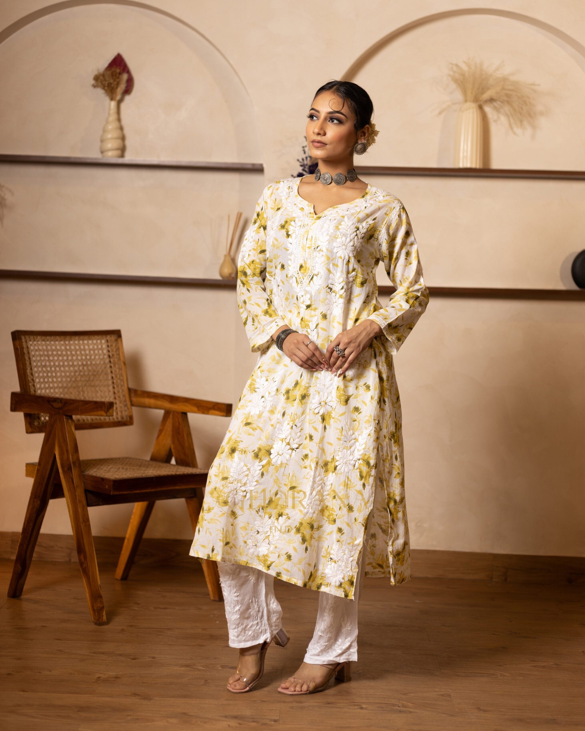 Eesha Chikankari Mulmul Floral Printed Kurta - Green Gharana