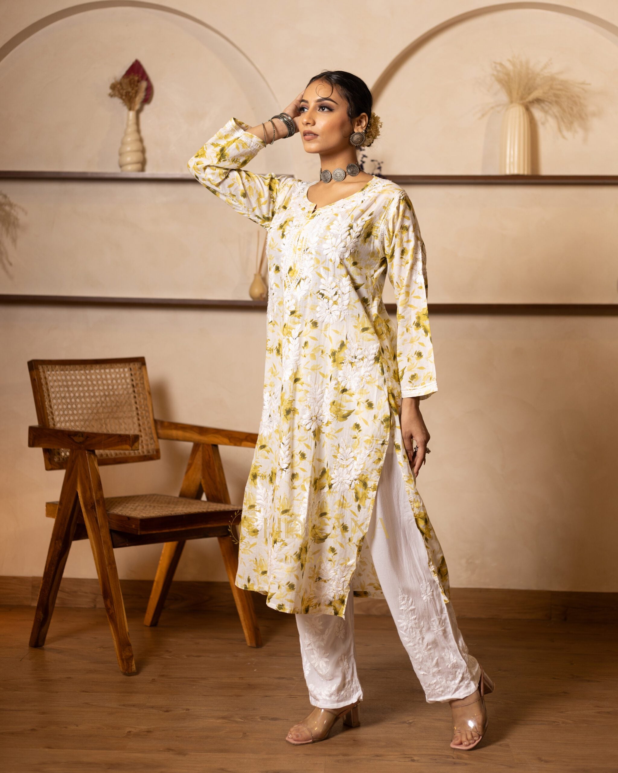 Eesha Chikankari Mulmul Floral Printed Kurta - Green Gharana