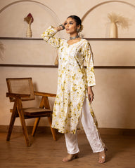 Eesha Chikankari Mulmul Floral Printed Kurta - Green Gharana