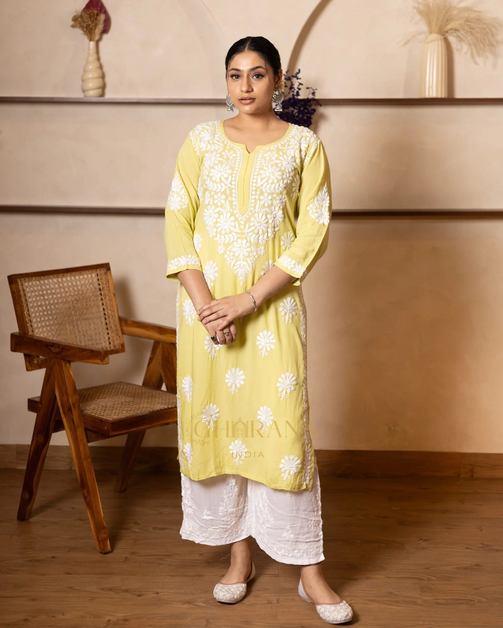 Myra Modal fine cotton chikankari Kurta – Light Green Gharana