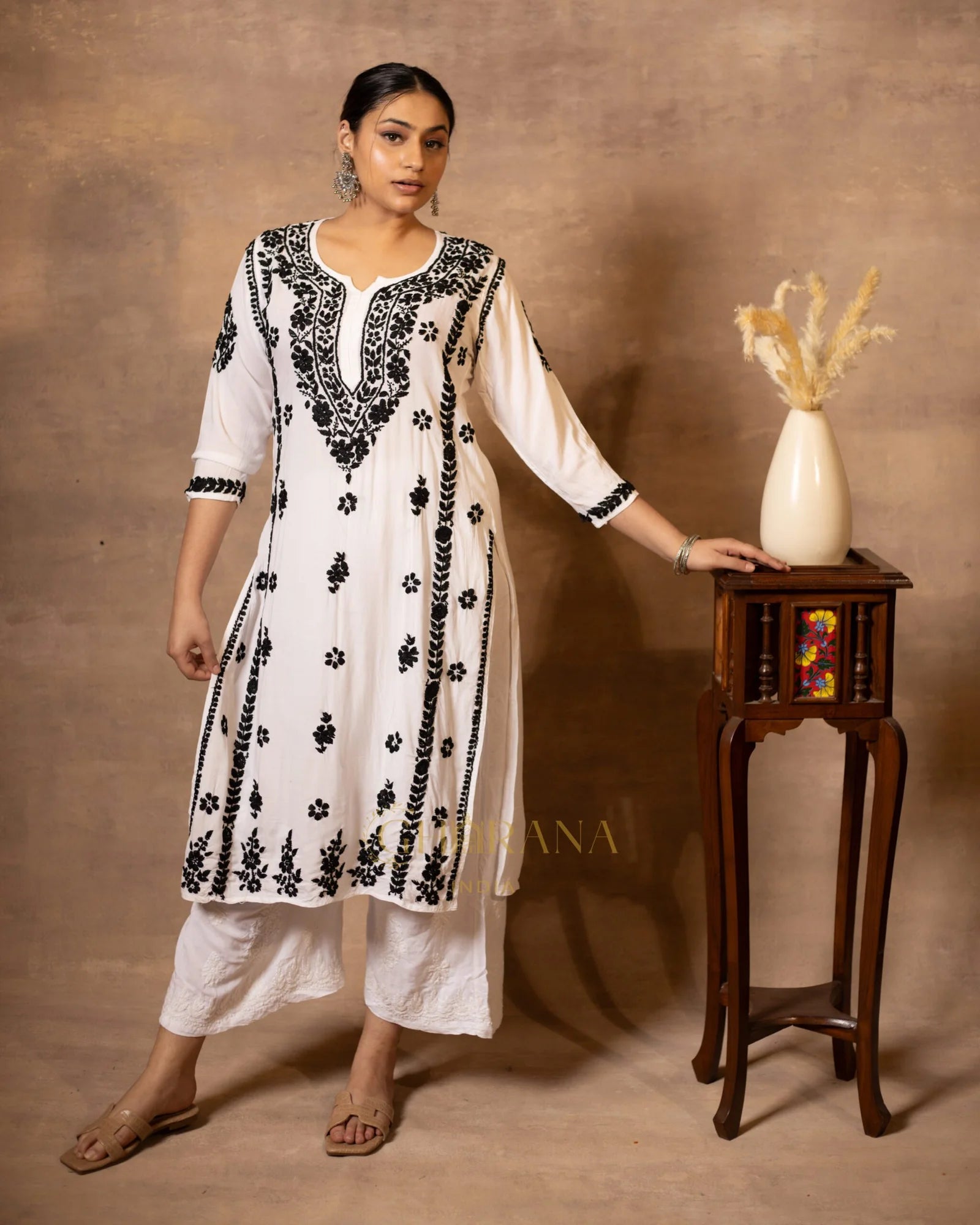 Myra Modal fine cotton chikan kari Kurta – White with Black threads Gharana
