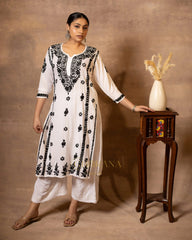 Myra Modal fine cotton chikan kari Kurta – White with Black threads Gharana