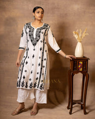 Myra Modal fine cotton chikan kari Kurta – White with Black threads Gharana
