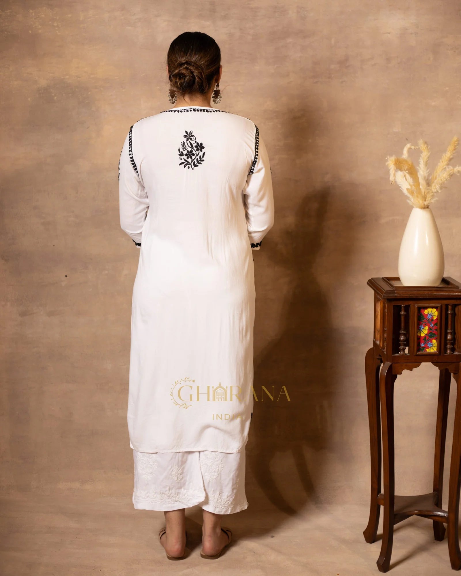 Myra Modal fine cotton chikan kari Kurta – White with Black threads Gharana
