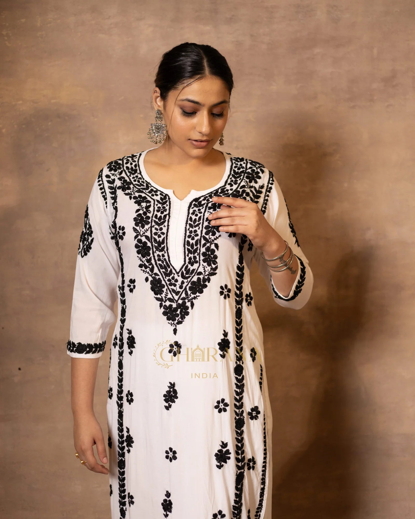 Myra Modal fine cotton chikan kari Kurta – White with Black threads Gharana