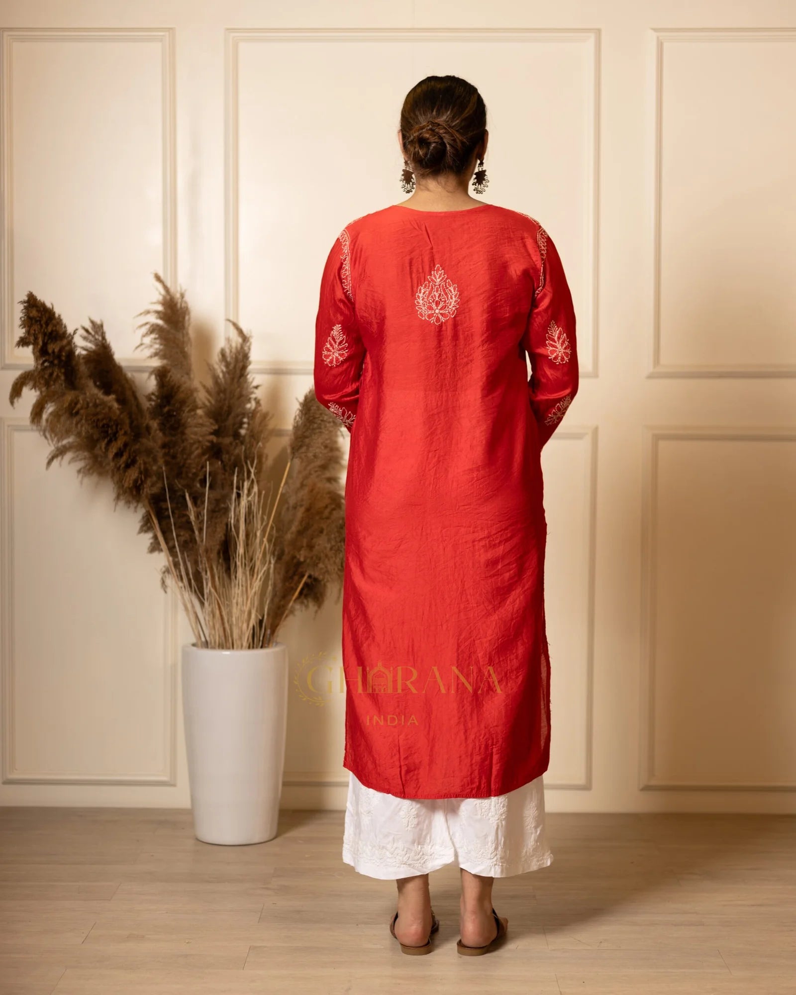 Ruhi Chanderi Chikankari Kurta with Bakhiya work – Red Gharana