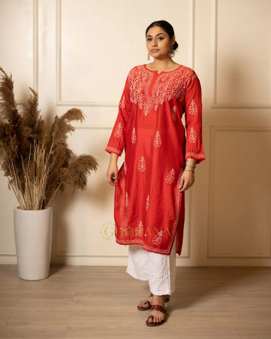 Ruhi Chanderi Chikankari Kurta with Bakhiya work – Red Gharana