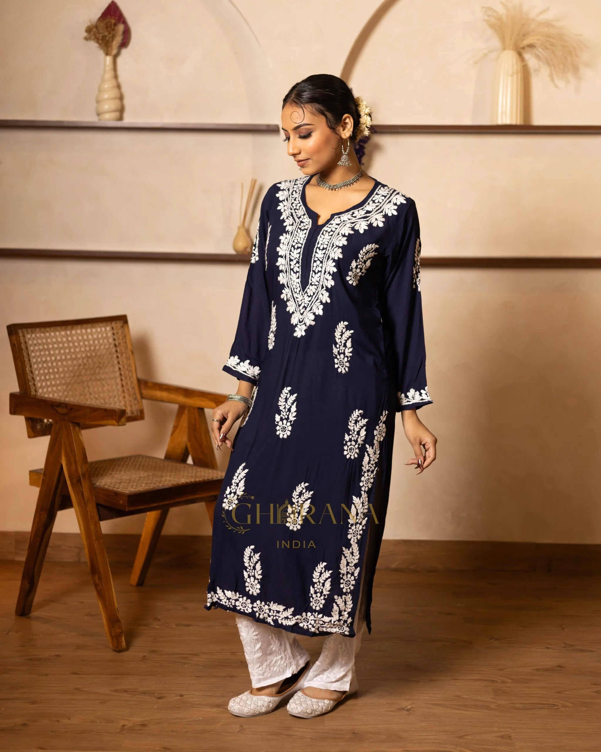 Myra Modal fine cotton chikan kari Kurta- Dark Blue Gharana