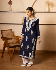 Myra Modal fine cotton chikan kari Kurta- Dark Blue Gharana