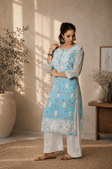 Aadya Chikankari Georgette Floral Printed Kurta – Light Blue