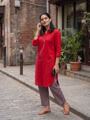 Aira Cherry Red Cotton Poplin Co-ord Set with Contrast Striped Trousers