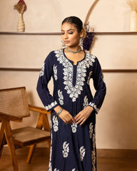 Myra Modal fine cotton chikan kari Kurta- Dark Blue Gharana