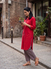 Aira Cherry Red Cotton Poplin Co-ord Set with Contrast Striped Trousers