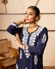 Myra Modal fine cotton chikan kari Kurta- Dark Blue Gharana