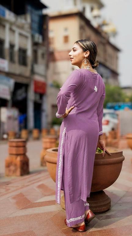 Heer Rayon 2 PC Lavender chikankari kurta set Gharana