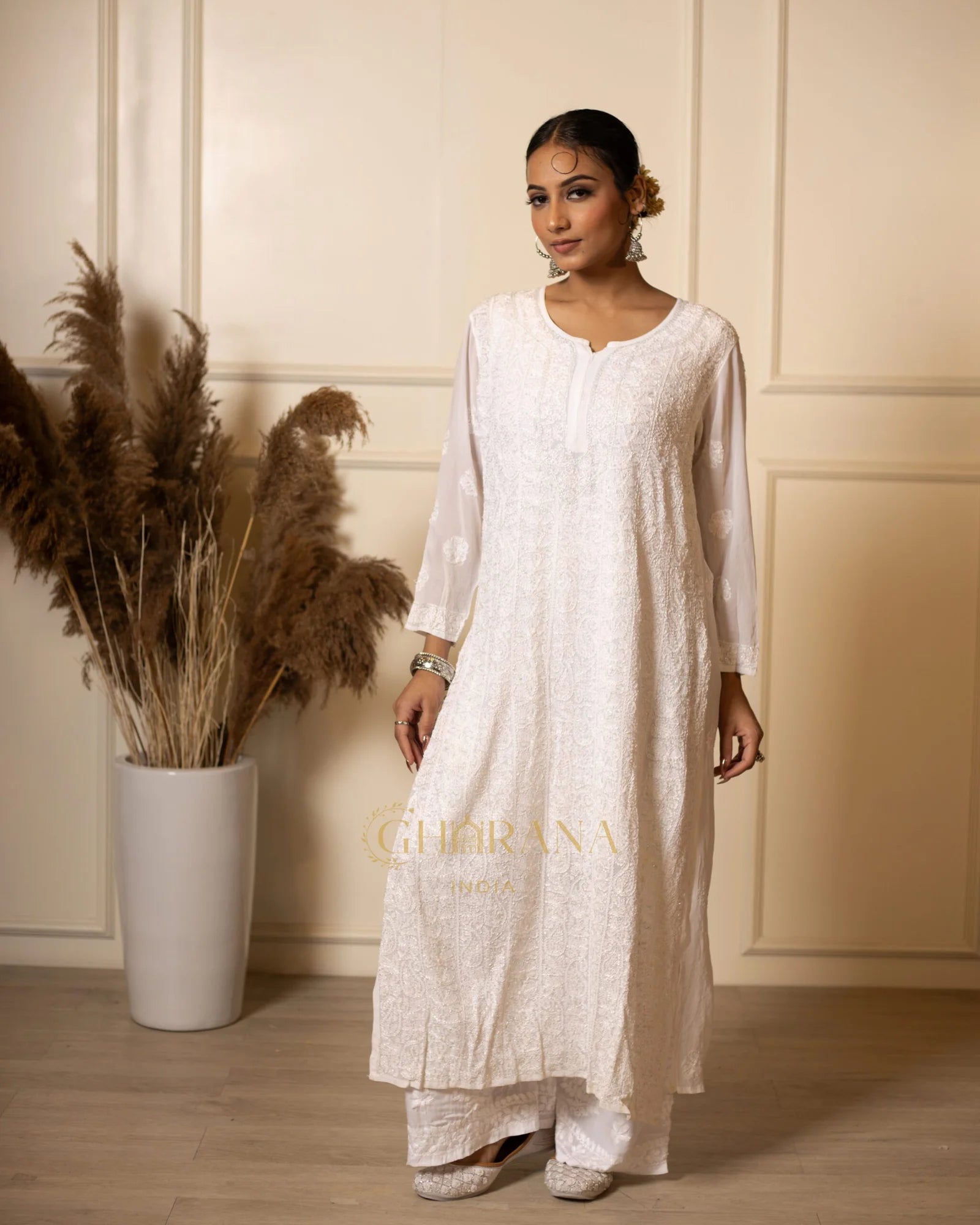 Kiara Georgette Chikankari Kurta in resham jaal and pastel Katdana Gharana