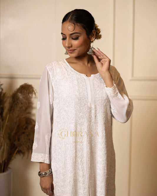Kiara Georgette Chikankari Kurta in resham jaal and pastel Katdana Gharana