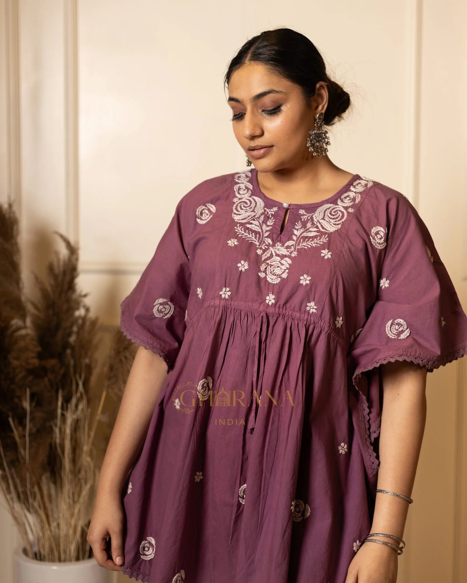 Cotton Chikankari Kaftan – Magenta Gharana
