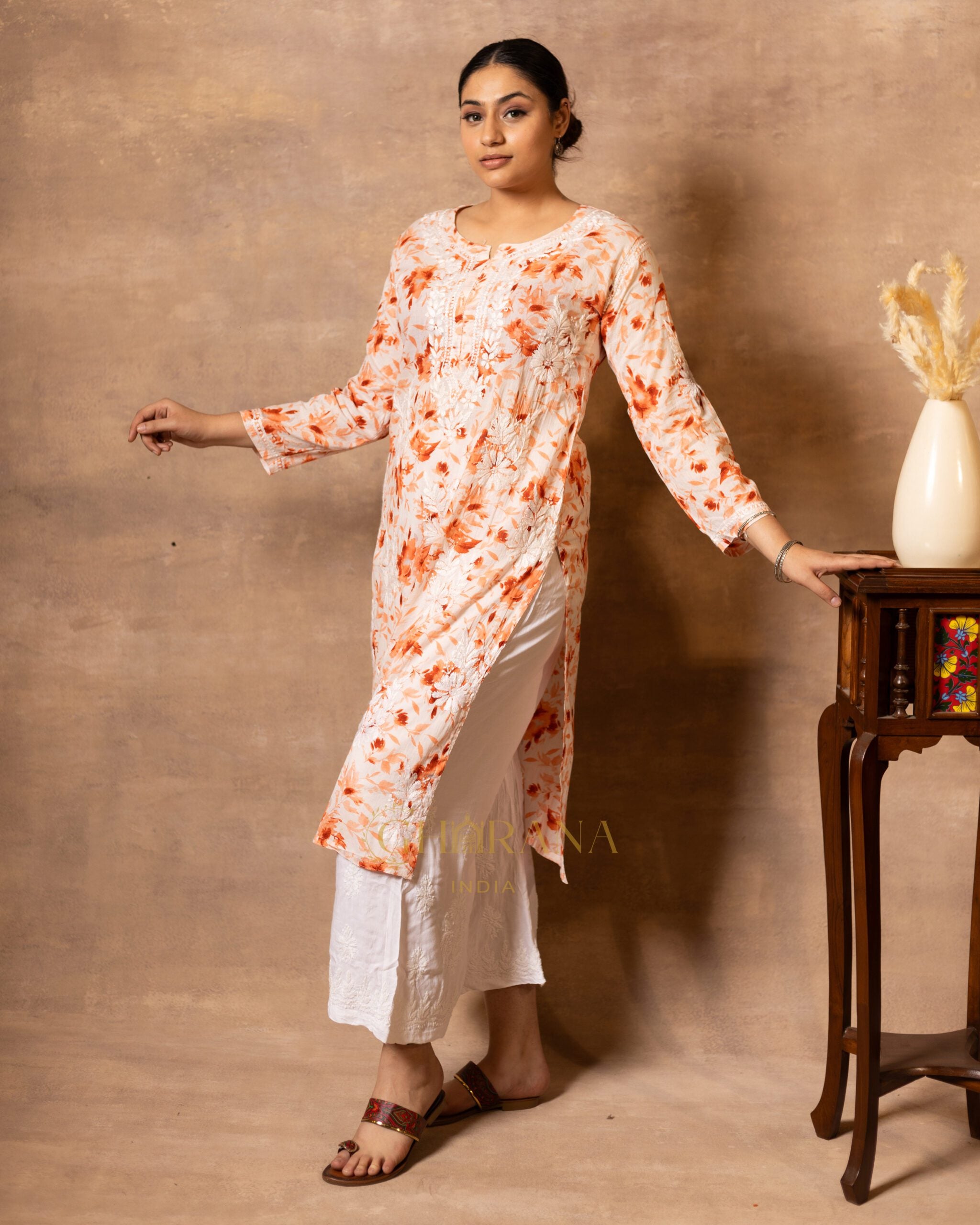 Eesha Chikankari Mulmul Floral Printed Kurta - Orange Gharana