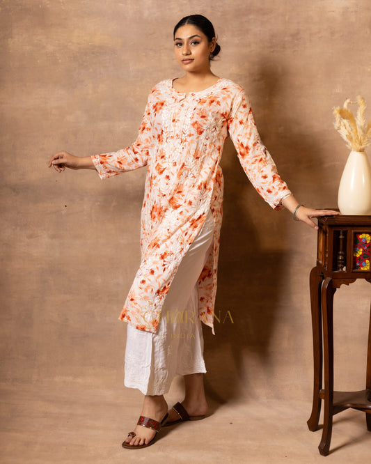 Eesha Chikankari Mulmul Floral Printed Kurta - Orange Gharana