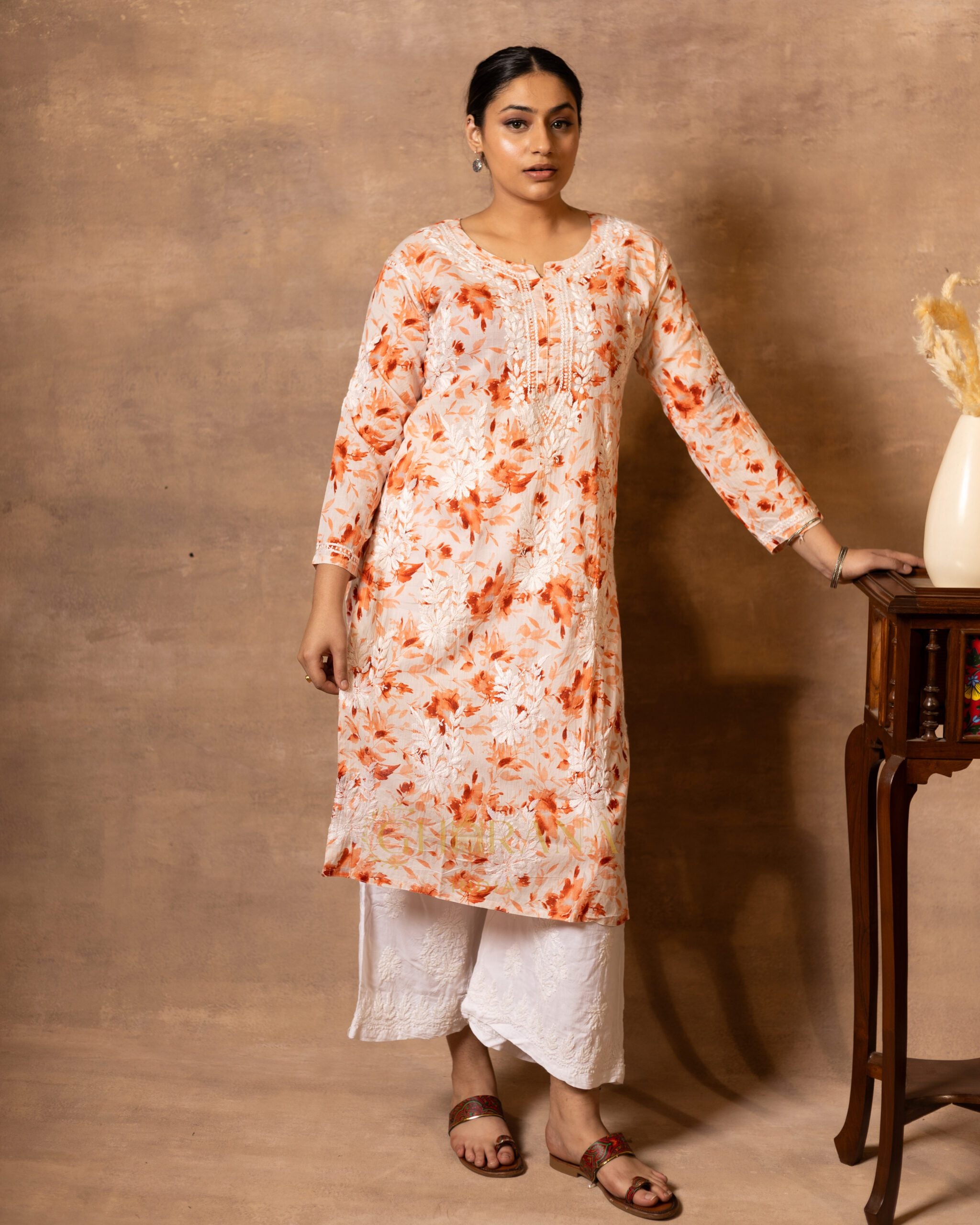 Eesha Chikankari Mulmul Floral Printed Kurta - Orange Gharana