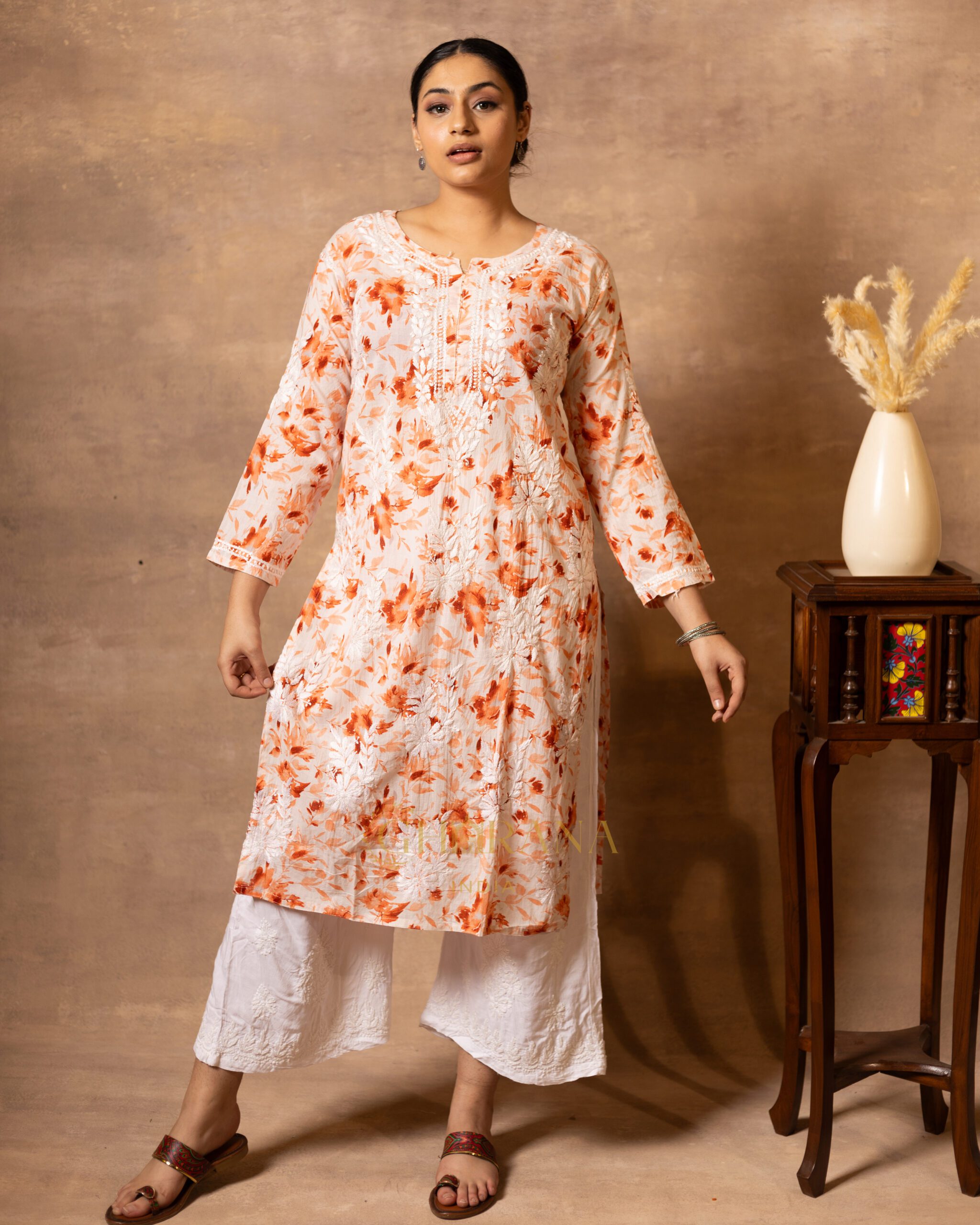 Eesha Chikankari Mulmul Floral Printed Kurta - Orange Gharana
