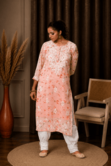 Aadya Chikankari Georgette Floral Printed Kurta – Light Pink