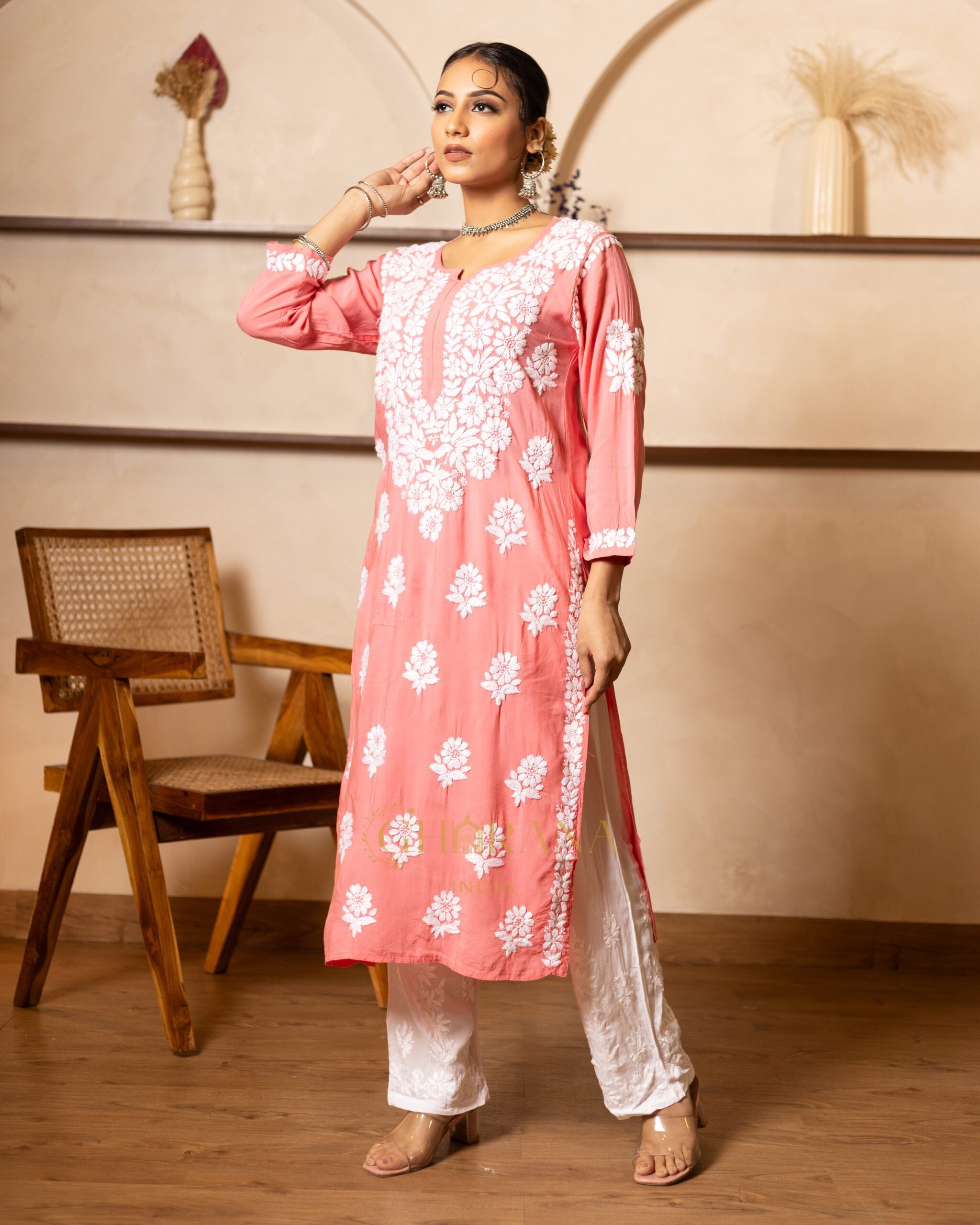 Myra Modal fine cotton chikan kari Kurta - Pink Gharana
