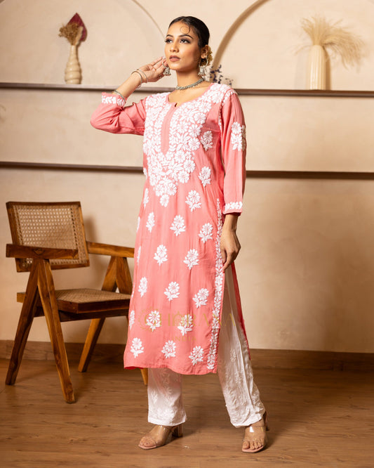 Myra Modal fine cotton chikan kari Kurta - Pink Gharana