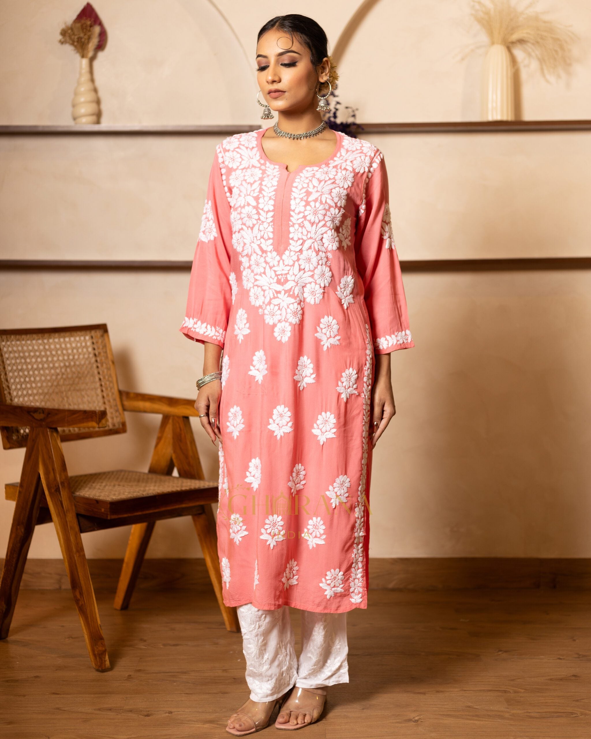 Myra Modal fine cotton chikan kari Kurta - Pink Gharana