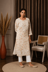Aadya Chikankari Georgette Floral Printed Kurta – Off White