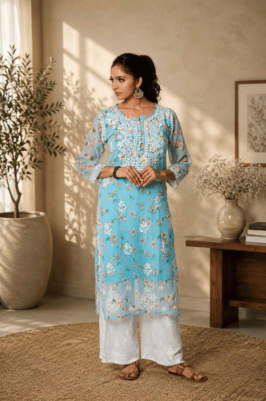 Aadya Chikankari Georgette Floral Printed Kurta – Light Blue