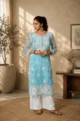 Aadya Chikankari Georgette Floral Printed Kurta – Light Blue