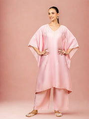 Premium Chanderi Silk Baby Pink Chikankari Kaftan Set