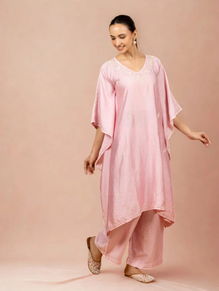 Premium Chanderi Silk Baby Pink Chikankari Kaftan Set Gharana