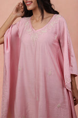 Premium Chanderi Silk Baby Pink Chikankari Kaftan Set Gharana