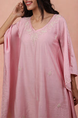 Premium Chanderi Silk Baby Pink Chikankari Kaftan Set Gharana