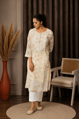 Aadya Chikankari Georgette Floral Printed Kurta – Off White