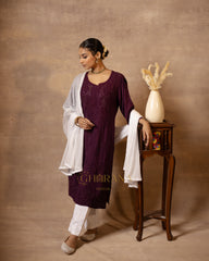 Rayon Maroon Chikankari Embroidered Kurta with Mukaish Work & Straight Pant