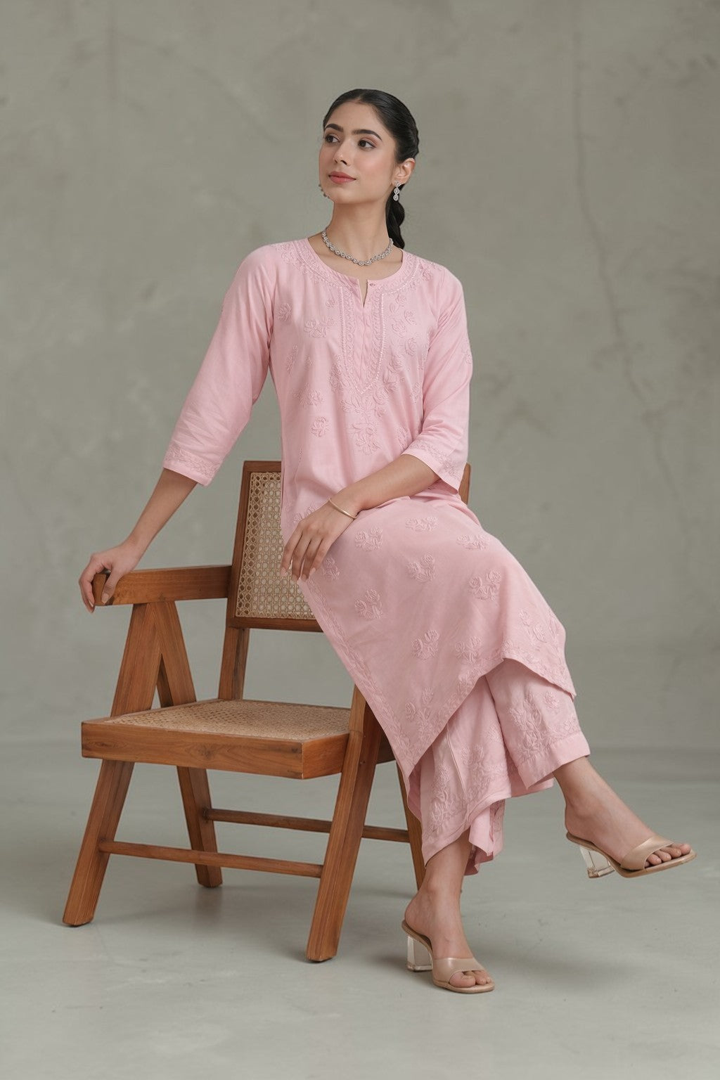 Ruhi Chanderi Chikankari Light pink Kurta Set with Embroidered Palazzo Gharana