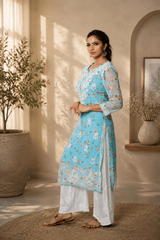 Aadya Chikankari Georgette Floral Printed Kurta – Light Blue
