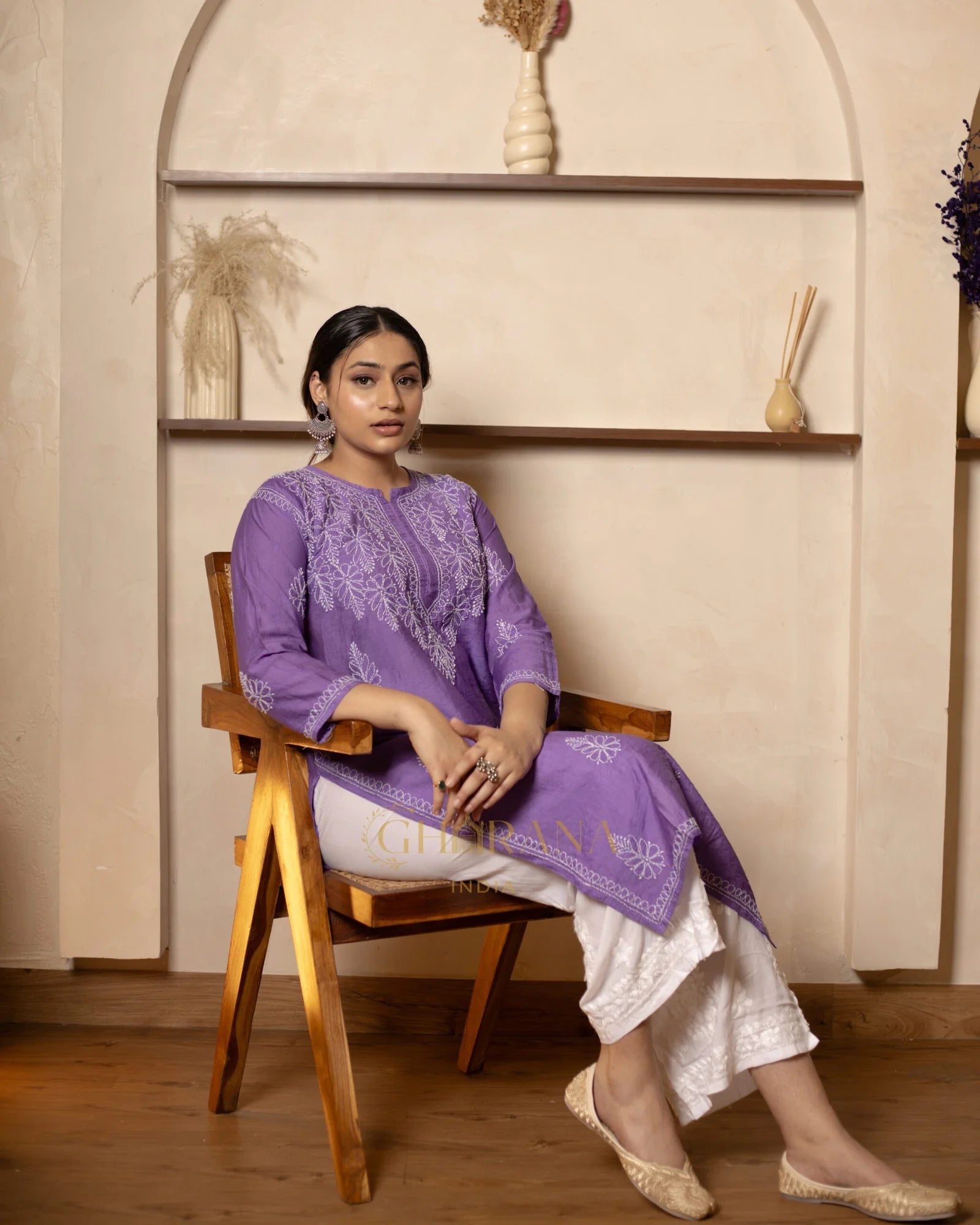 Ruhi Chanderi Chikankari Kurta with Bakhiya work-Purple Gharana