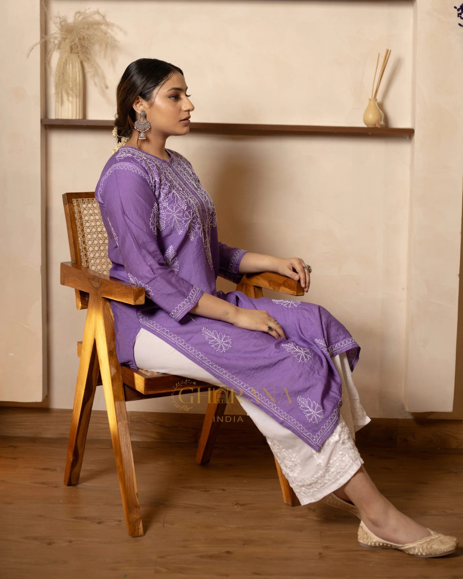 Ruhi Chanderi Chikankari Kurta with Bakhiya work-Purple Gharana