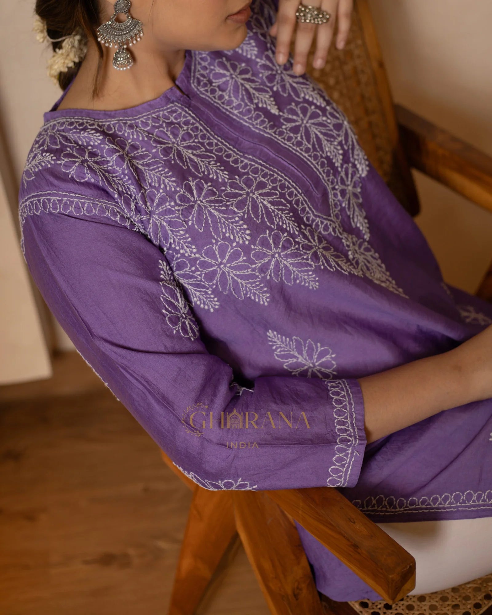 Ruhi Chanderi Chikankari Kurta with Bakhiya work-Purple Gharana