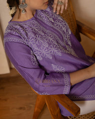 Ruhi Chanderi Chikankari Kurta with Bakhiya work-Purple Gharana